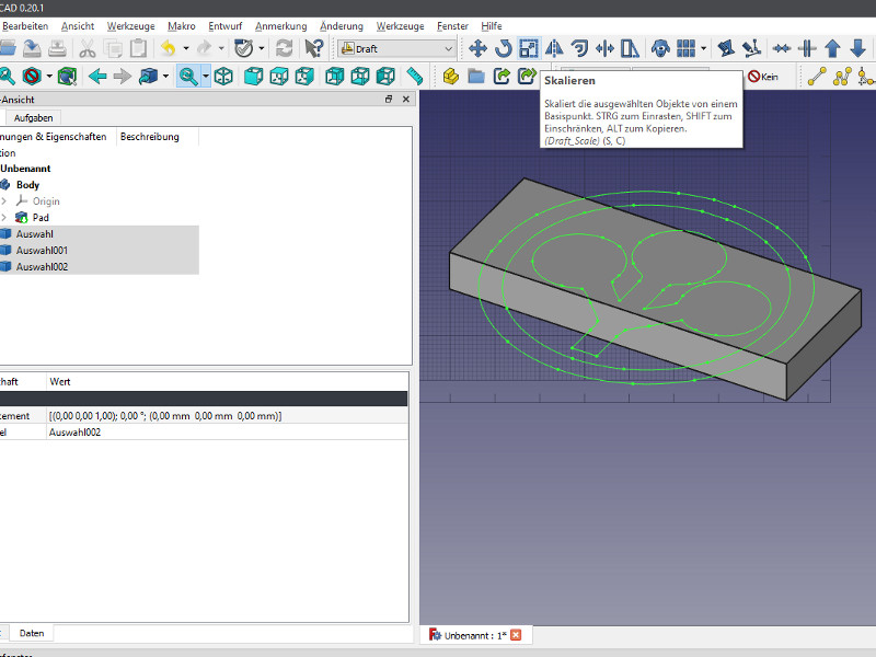 FreeCAD Auswahl skalieren in 'Draft'